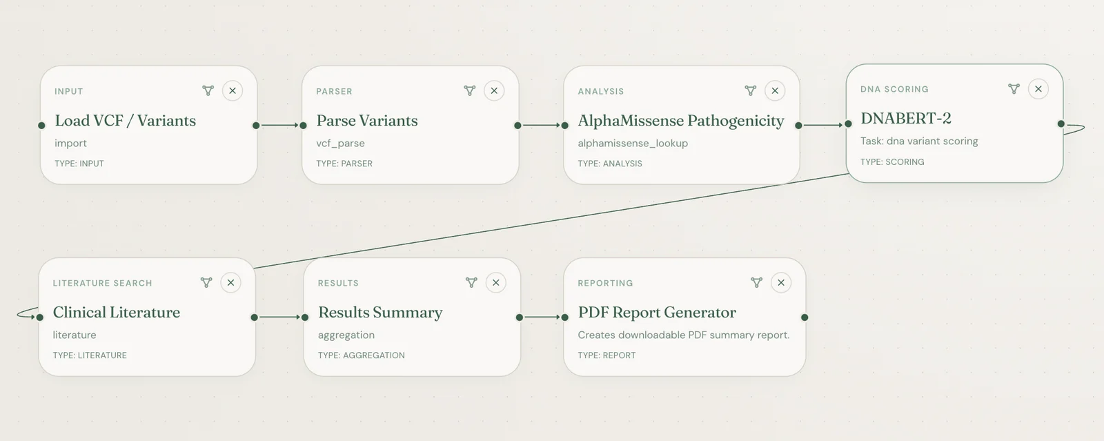 Rare variant interpretation pipeline in the Novopharos Composer: VCF load, parse, AlphaMissense, DNABERT-2, clinical literature, results summary and PDF report nodes